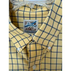 Men's Regular Large Button Up Short Sleeve Yellow Plaid Shirt Travelsmith